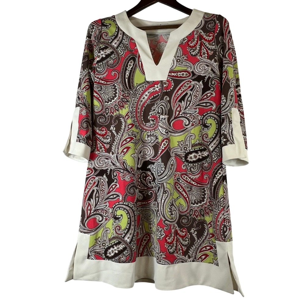 Jude Connally Paisley Tunic Dress Red Brown Lime Cream Stretch Nylon USA Small